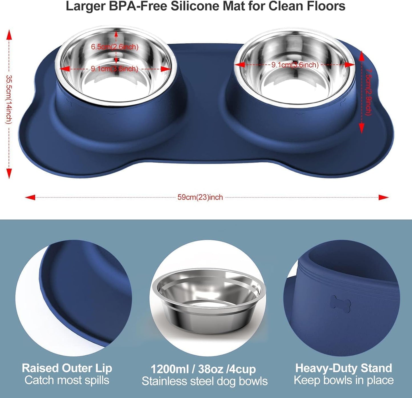 AsFrost Dog Food Bowls Stainless Steel & Water Dish with No-Spill and Non-Skid, Feeder Bowls with Dog Food Dish for Small Medium Large Size,Dogs,Cats,Puppy Pets, Black, 12oz