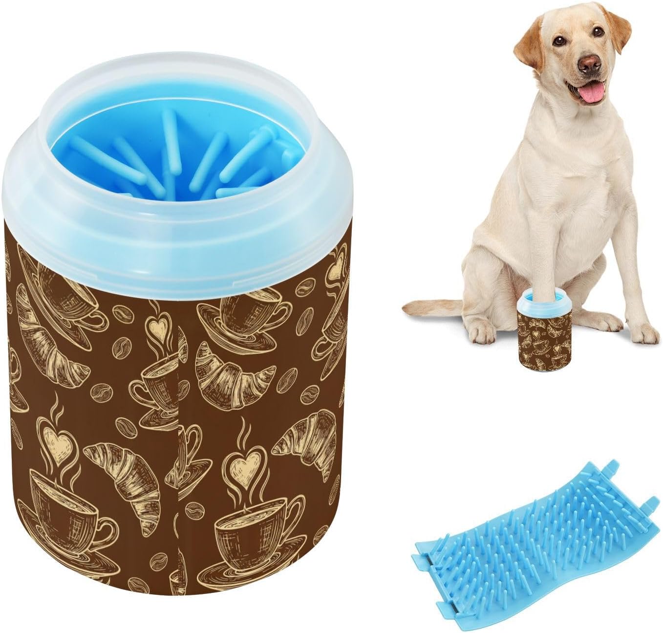 Coffee Brown Print Dog Paw Cleaner Cup with Soft Silicone Brush, Lightweight Portable Small Muddy Paw Washer for Dogs, Easy to Use Pet Foot Cleaner