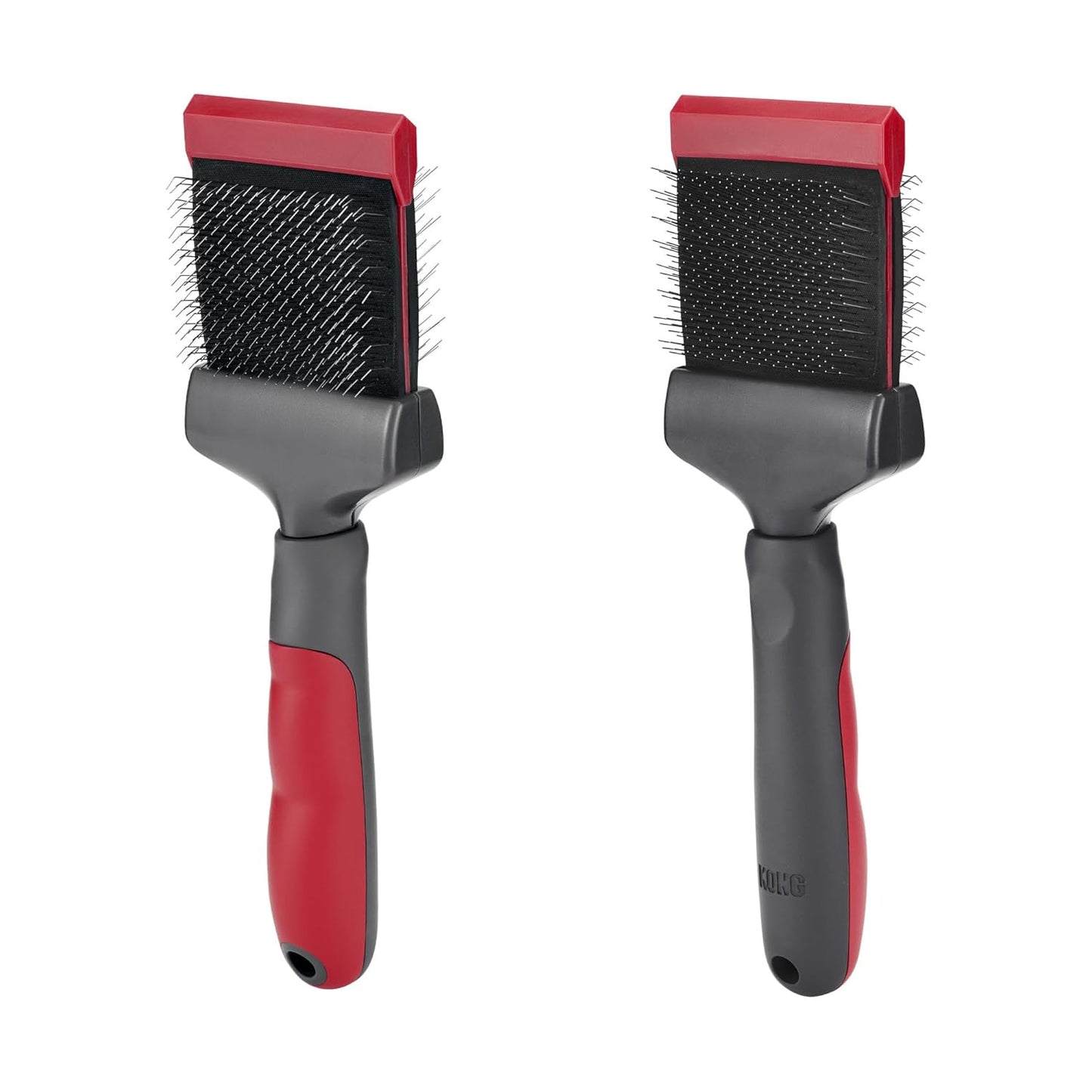 KONG Double-Sided Rake & Deshedding Tool – Detangling & Shedding Control, Rounded Metal Tips, Non-Slip Grip, for Medium to Large Dogs with Medium to Long Coats, Red/Gray