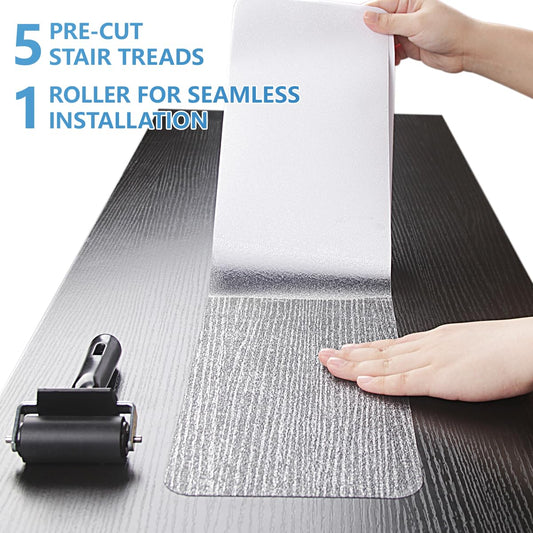 Butizone Stair Treads Non Slip 6" x 30", 15-Pack Pre-Cut Clear Anti Slip Strips for Wooden Steps Indoor, Transparent and Waterproof Grip Tape, Safety for Elderly, Children, and Dogs