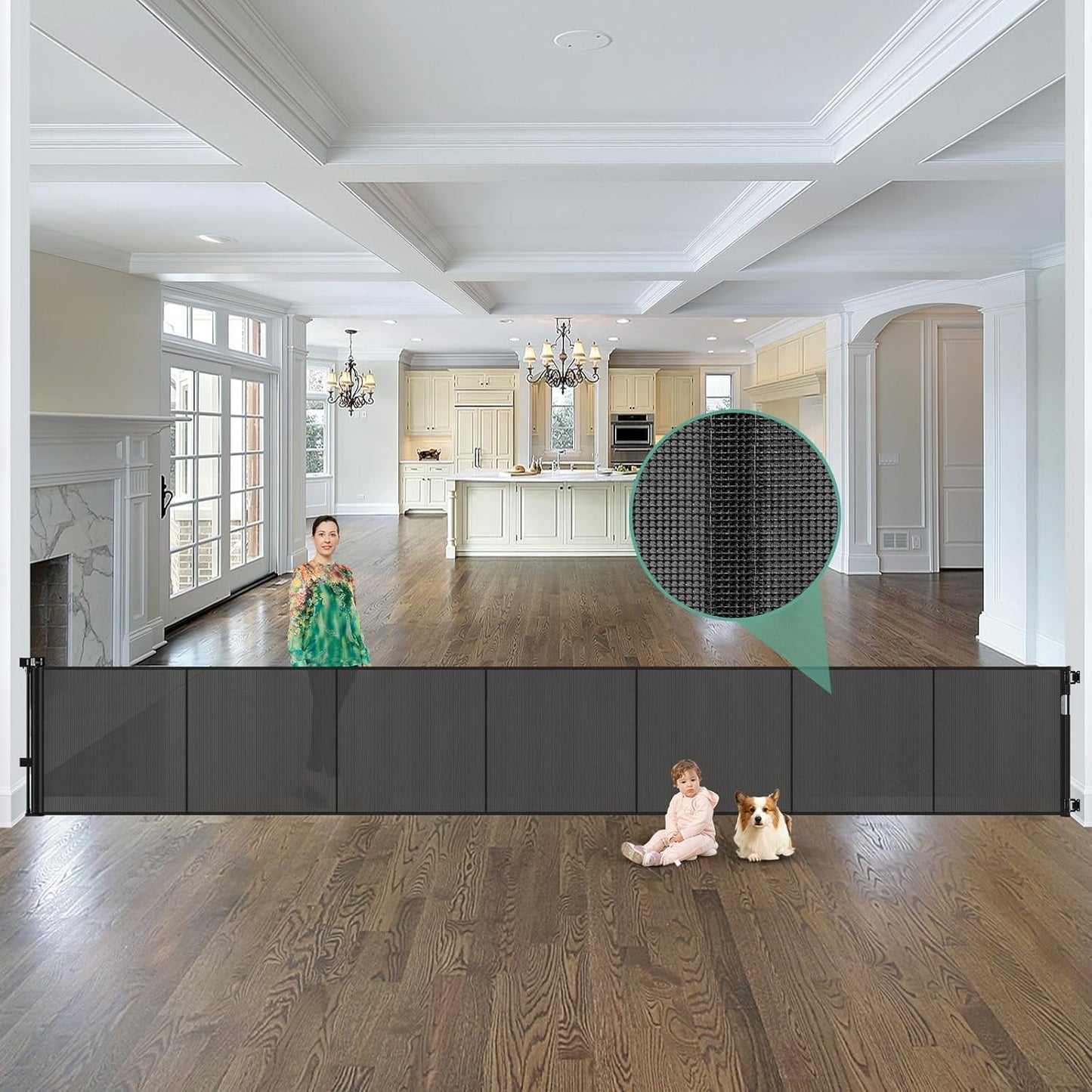 96 Inch Wide Reinforced Retractable Baby Gate with Support Rods, Extra Long Dog Gate Retractable Gate Outdoor Gates for Decks, Prevent Crawling Under Extra Long Baby Gates for Large Openings, Black