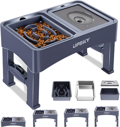 UPSKY 2-in-1 Elevated Dog Bowls Slow Feeder, 4 Height Adjustable Raised Bowl Stand, No Spill Dog Water Bowls, Anti-Slip Food and Water Bowls for Small Medium Dogs(Not Include Stainless Steel Bowl)