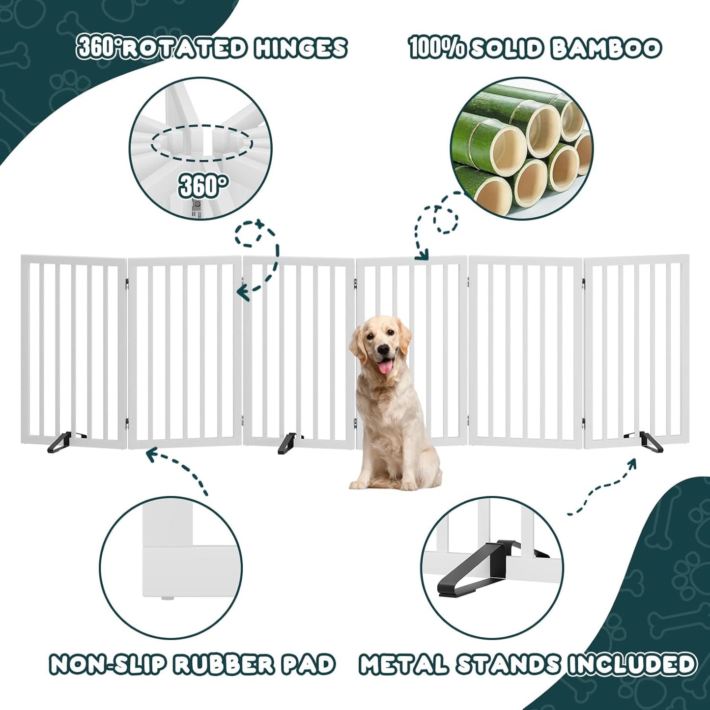Freestanding Dog Gates Indoor, 3-Panel Pet Gates with 2 Metal Stands and 360° Hinge, 24" H Foldable Dog Gate for Stairs, Doorway, Kitchen, Expands Up to 55" Fully Assembled - Black Walnut