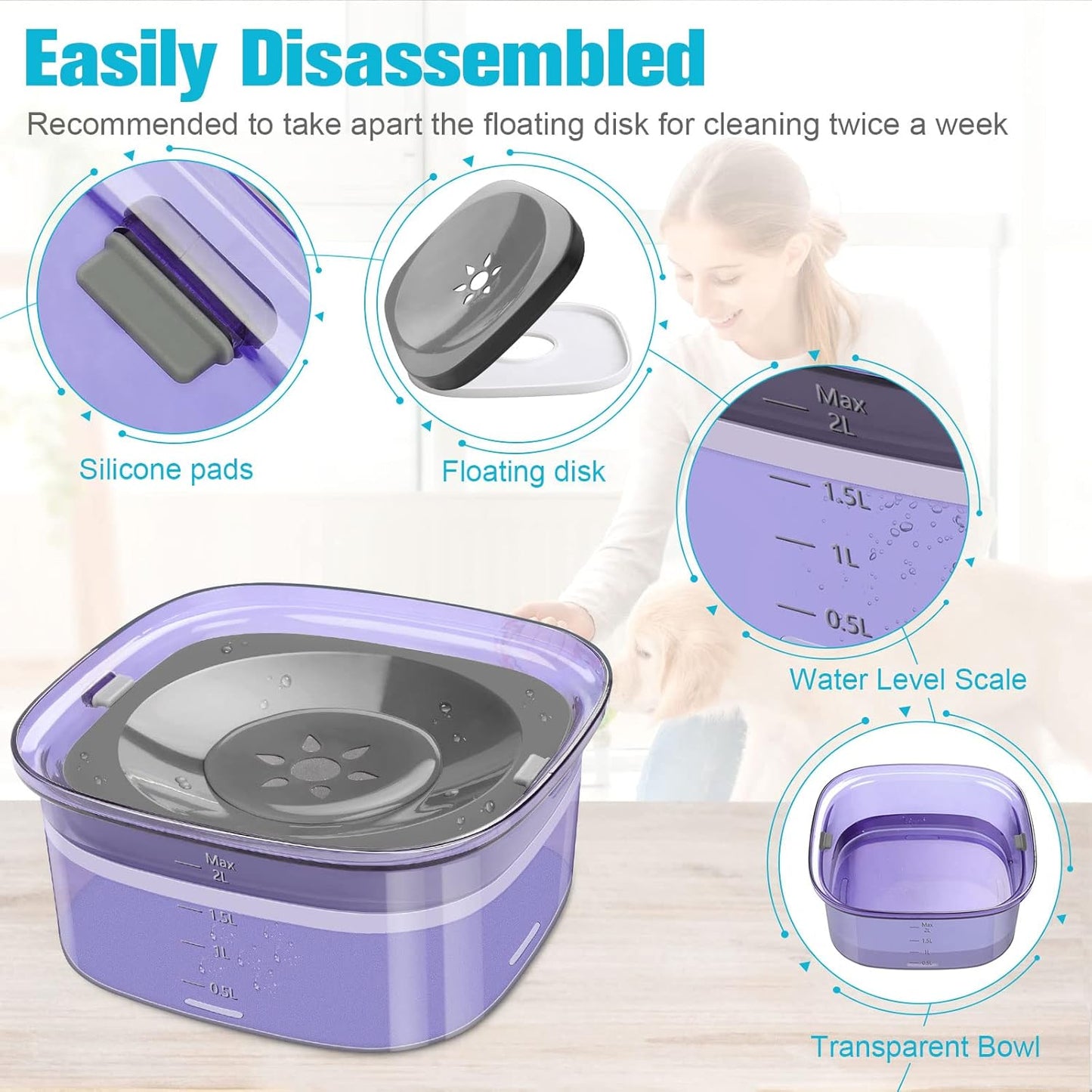 UPSKY 70oz Dog Water Bowl 2L No Spill Dog Bowls Large Capacity Spill Proof Slow Water Feeder, No Splash Pet Water Dispenser Vehicle Carried Travel Slow Drinking Bowl for Messy Drinkers