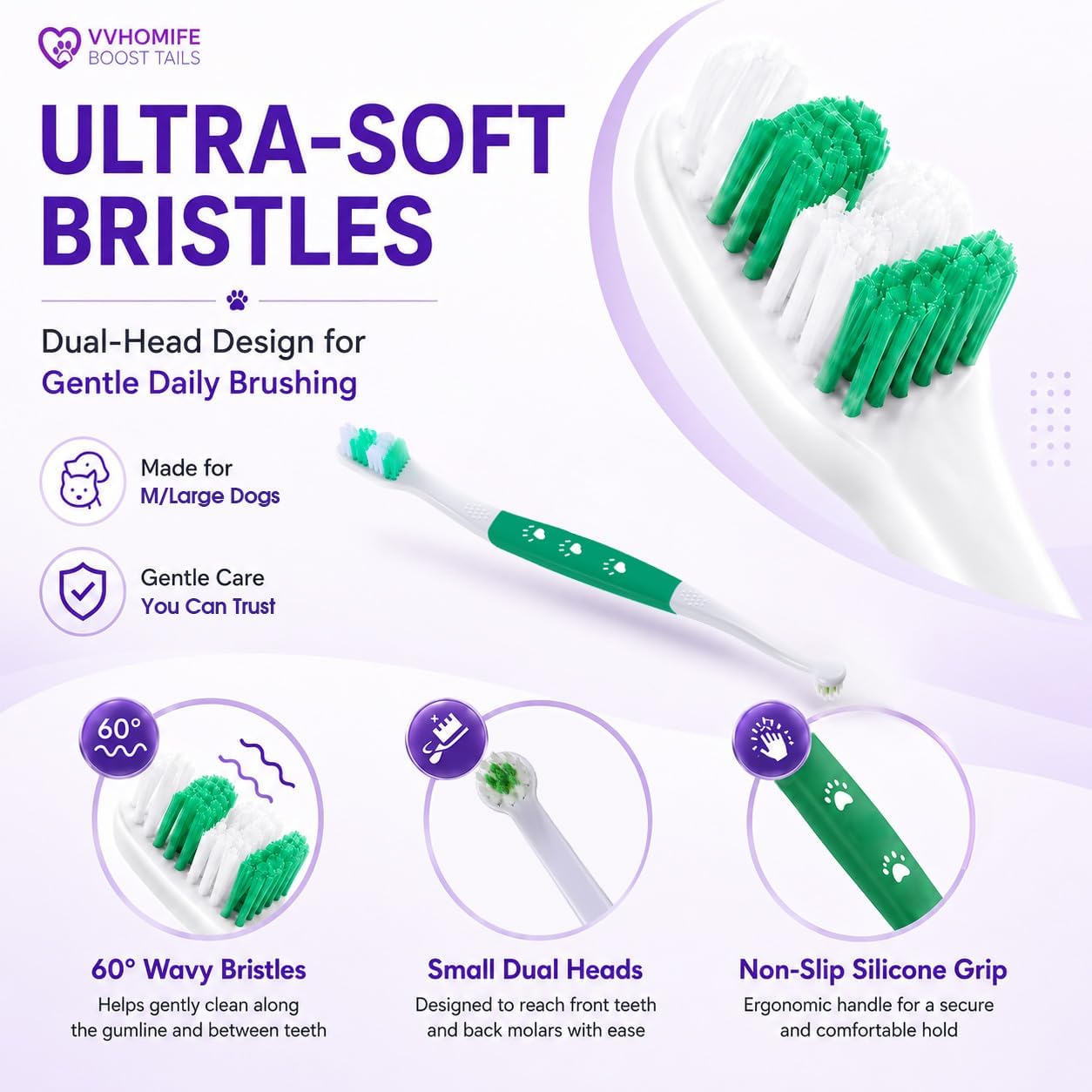 Dog Toothbrush – Newly Upgraded Dual-Head Design with 60° Wavy Bristles – Gently Surrounds Teeth for Deep Cleaning and Plaque Removal – Non-Slip Handle, Ideal for Daily Pet Dental Care (Pink, 1-Pack)