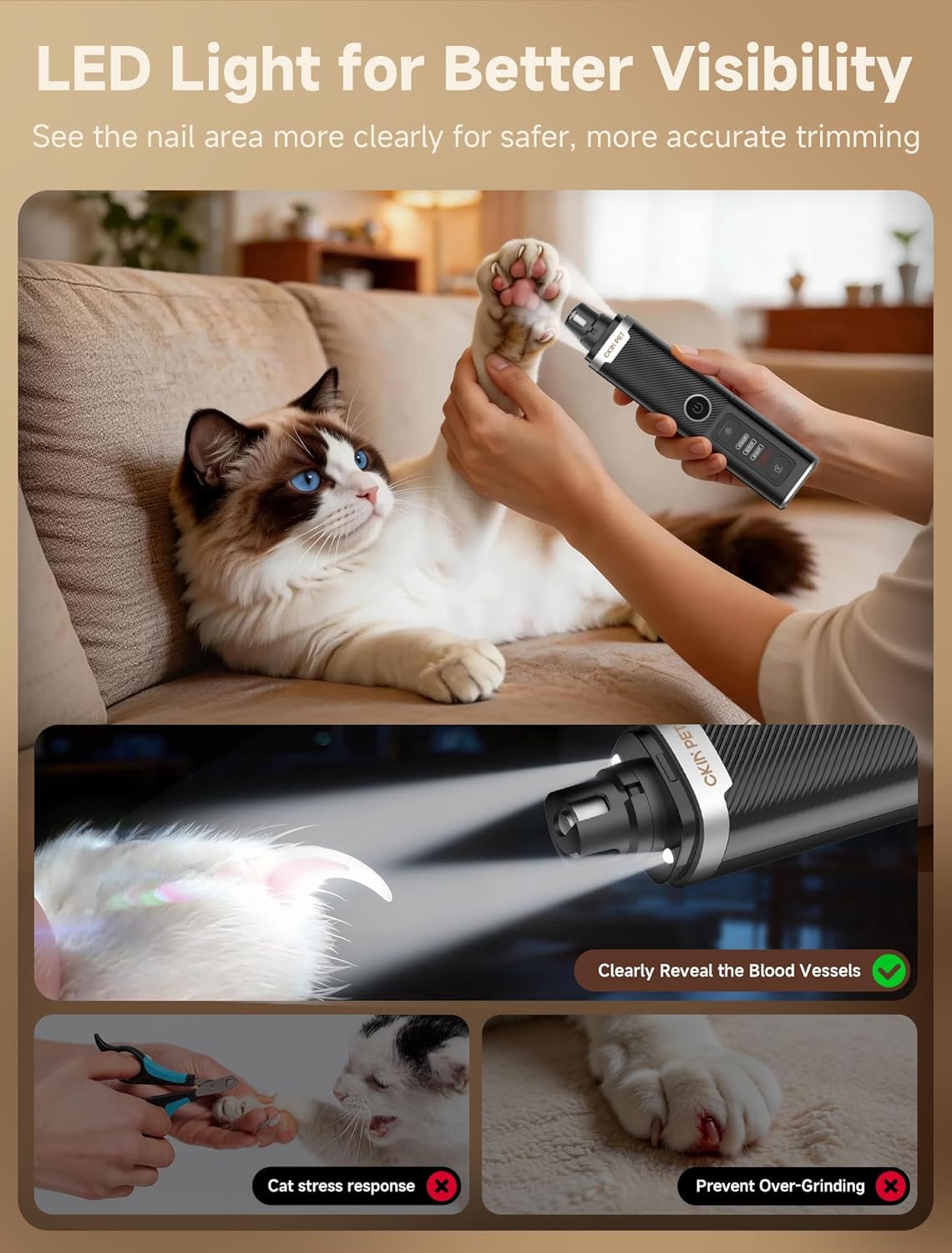 Dog Nail Grinder, Quiet Electric Dog Nail Trimmer with 2 LED Lights, 3-Speed Pet Nail Grinder for Dogs & Cats, Rechargeable 2000mAh Nail Grinder for Small Medium Large Dogs with Light, White