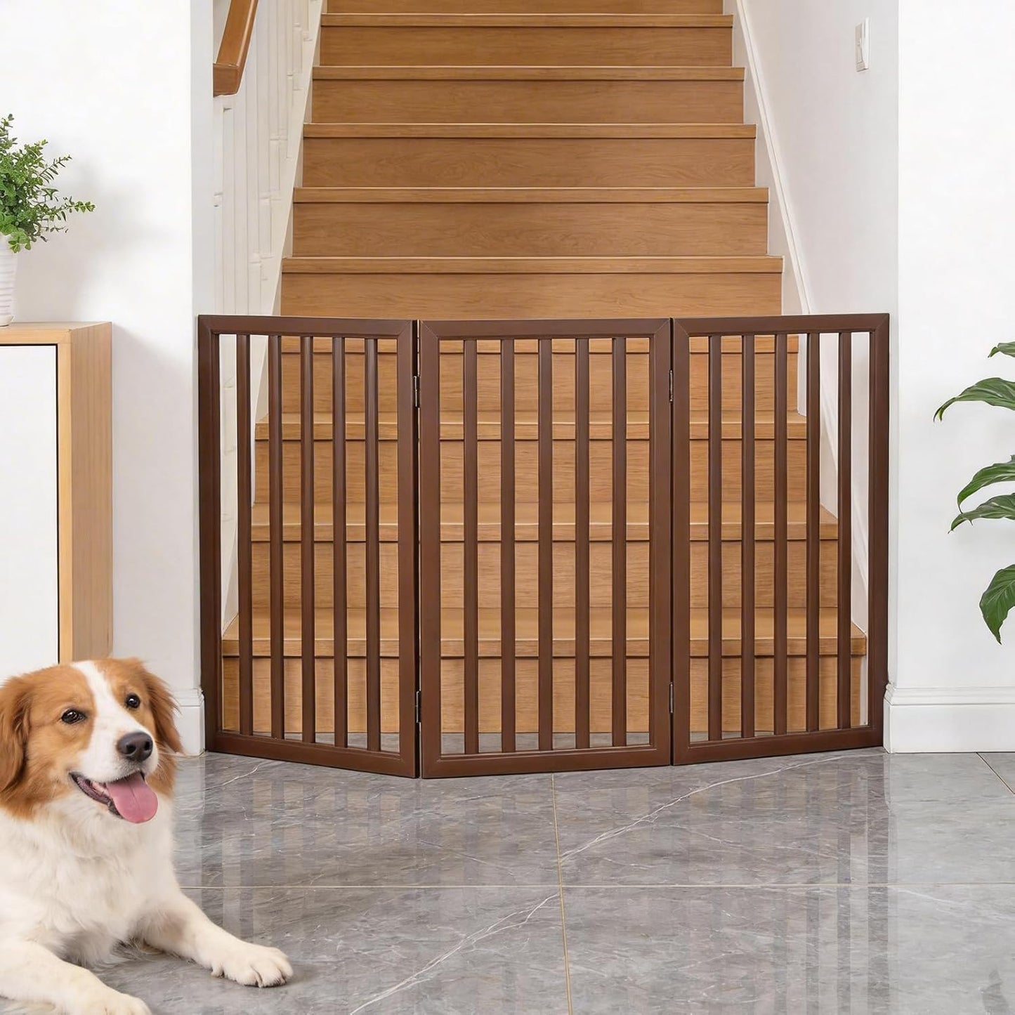 Dog Gate Indoor, Freestanding Dog Fence for The House, Doorways, Hallways,or Stairs,Pet Gate Foldable Wooden,Expandable 24" Height 3 Panels,White