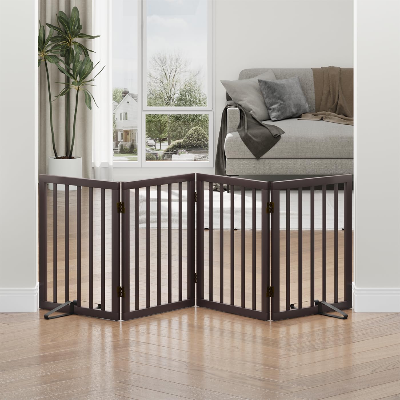Freestanding Foldable Dog Gate - 4 Panel Room Divider with Metal Support Feet (Black)