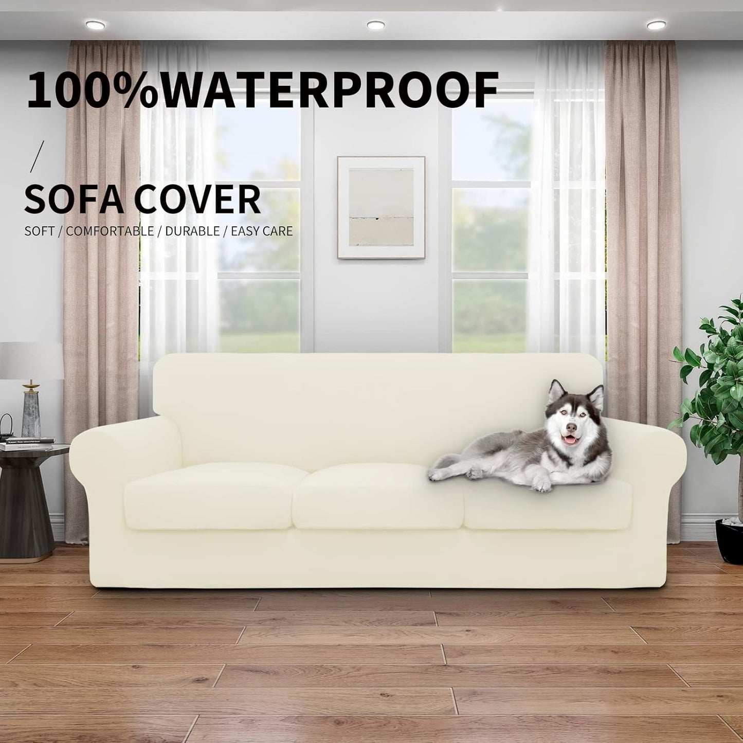 Easy-Going 100% Dual Waterproof 4 Pieces Stretch Soft Couch Cover for Dogs, Sofa Slipcover for 3 Separate Cushion Couch Leakproof Furniture Protector for Kids, Pets Dark Gray