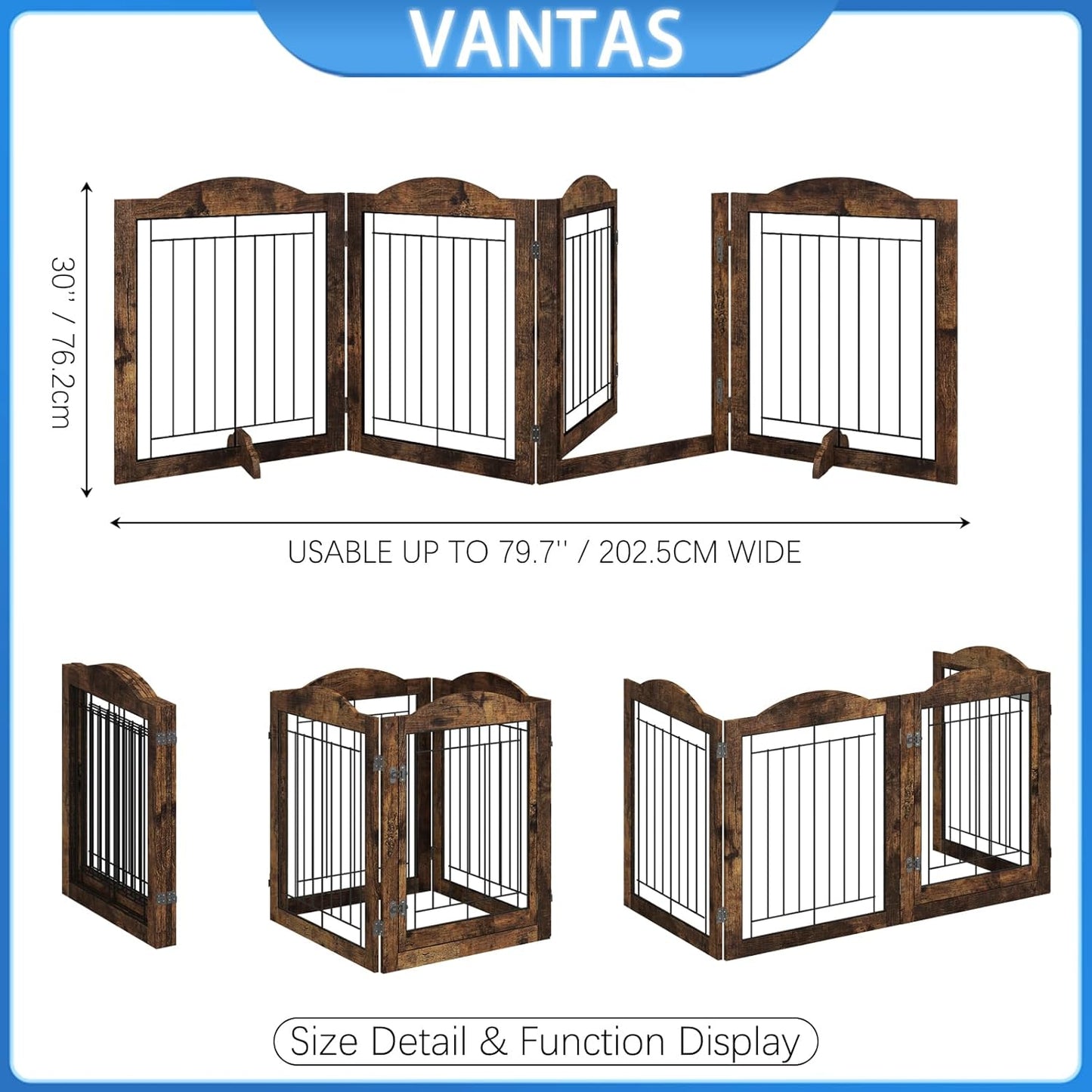 Vantas Espresso Wooden Folding Dog Gate 144" Wide x 30" Tall with Door, Freestanding Pet Gate, Pet Puppy Safety Fence