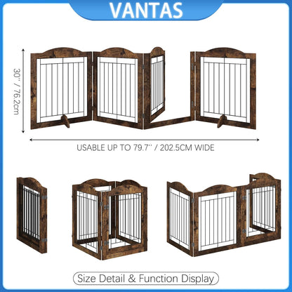 Vantas Espresso Wooden Folding Dog Gate 144" Wide x 30" Tall with Door, Freestanding Pet Gate, Pet Puppy Safety Fence