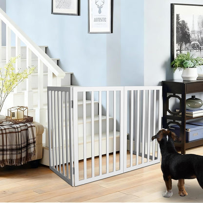 ZJSF Freestanding Indoor Dog Gate for House Foldable Wood Brown Puppy Gate for Doorways Pet Gate for Stairs Extra Wide Pet Fence 24" Height 2 Panels