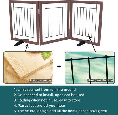 ZJSF Freestanding Dog Gate Indoor, Foldable Dog Fence for Doorways,Hallways or Stairs, Sturdy Wood Extra Wide Pet Gate with Support Feet,Black,24 "Height-3 Panels