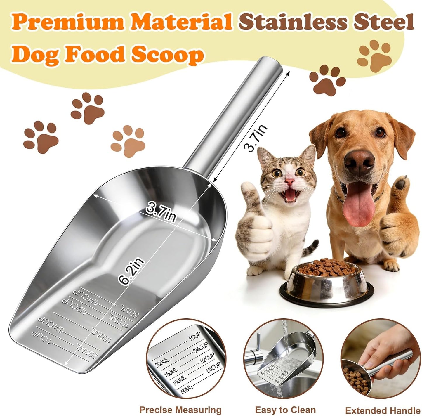 Mity rain Dog Food Scoop Stainless Steel with Long Handle, Precise Dog Food Measuring Cup 1, 3/4, 1/2, 1/4 Cup, Pet Scoop for Dogs, Cats, Rabbits, Animals, Metal Spoon for Dog Food Storage