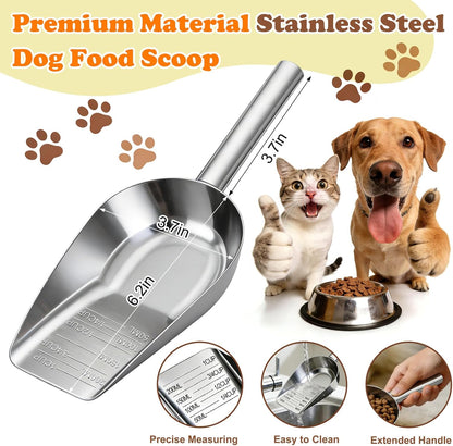 Mity rain Dog Food Scoop Stainless Steel with Long Handle, Precise Dog Food Measuring Cup 1, 3/4, 1/2, 1/4 Cup, Pet Scoop for Dogs, Cats, Rabbits, Animals, Metal Spoon for Dog Food Storage