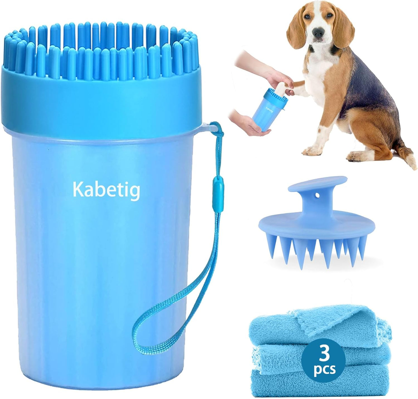 Dog Paw Cleaner Kit for L/XL Dogs - Quick Clean No Full Bath, 2-in-1 Paw Wash Cup with Detachable Silicone Brush Head, Includes Bath Brush & 3 Absorbent Towels, Blue