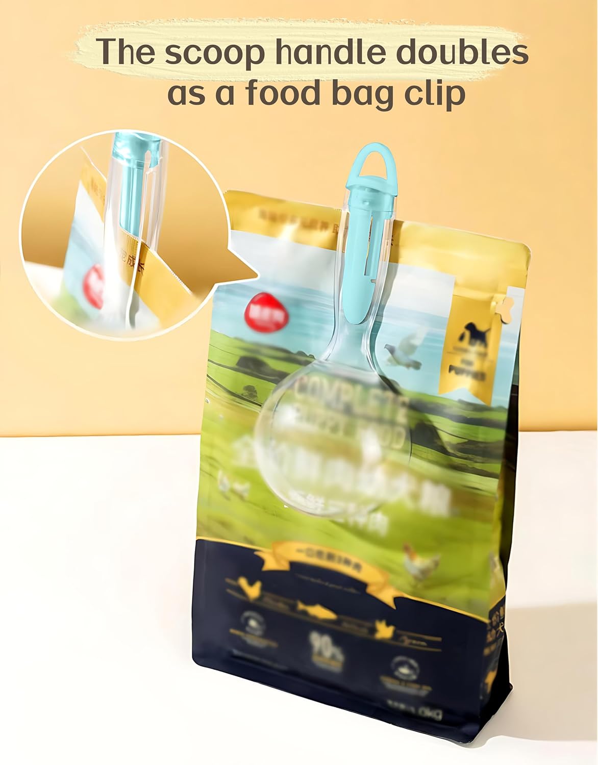 Multi-Function Pet Food Scoop – Dog Food Scoop and Cat Food Scoop with Bag Clip, Can Opener, Treat Squeezer – Easily Clean, 1 Cup Capacity