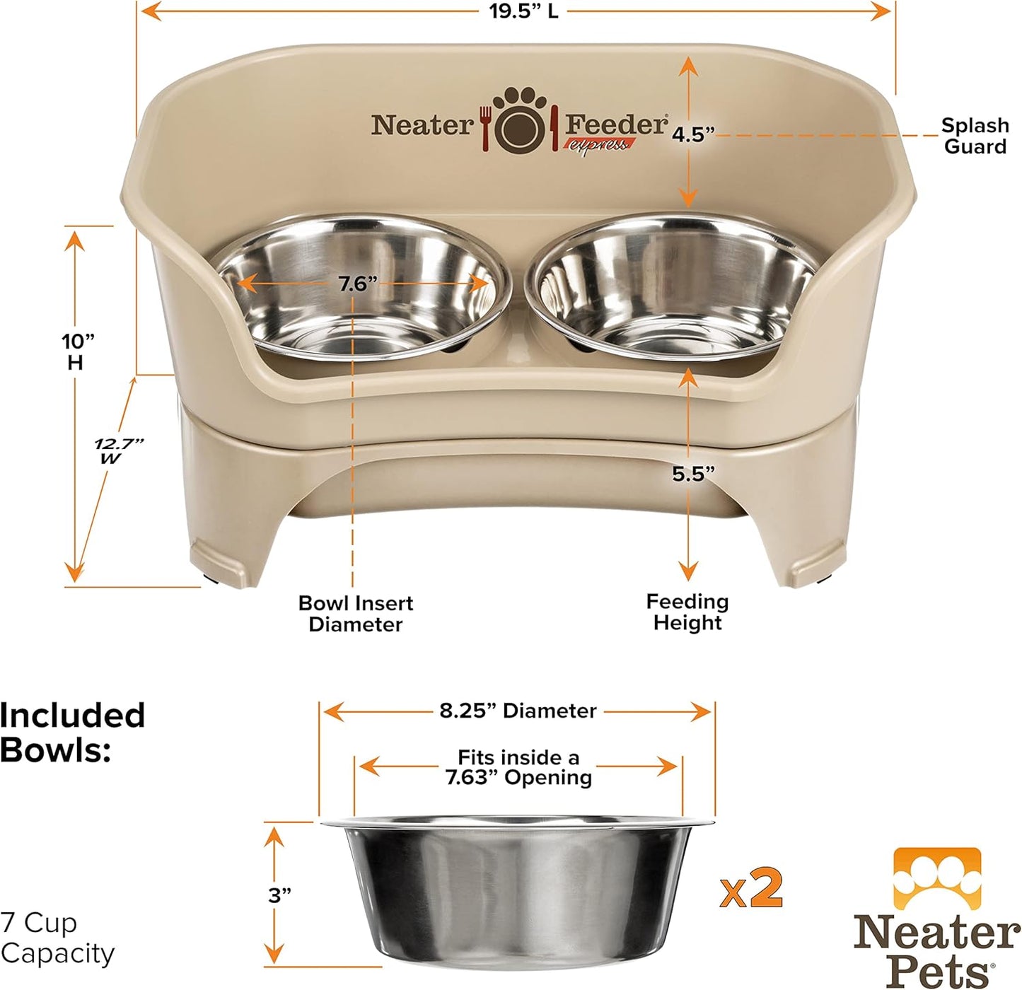 Neater Feeder Express Mess Proof Dog Bowls Elevated for Small Breeds under 15 Lb, Made in USA, No Spill Raised Dog Food Bowl Stand, Stainless Steel Food and Water Bowl Set, Feeding Station, Cappuccino