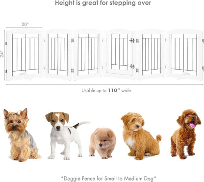 PAWLAND Free Standing Dog Gates for The House Stairs Doorways Indoor Foldable Wooden Small White Puppy Pet Gate Step Over Fence 60" W 24" H 3 Panels