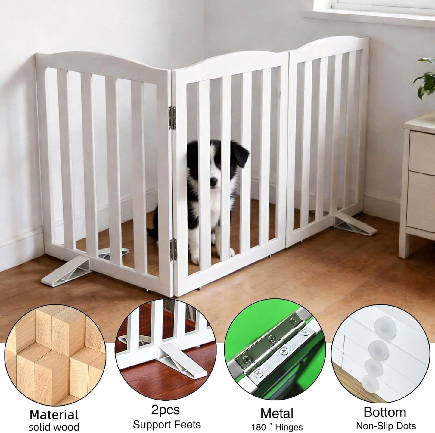 Freestanding Dog Gate Indoor,Doggie Gate Foldable Pet Gates for Doorways,Stairs or Hallways, Wooden Brown Pet Gate for the House, Pet Fence with Support Feet Included,24 "Height-3 Panels