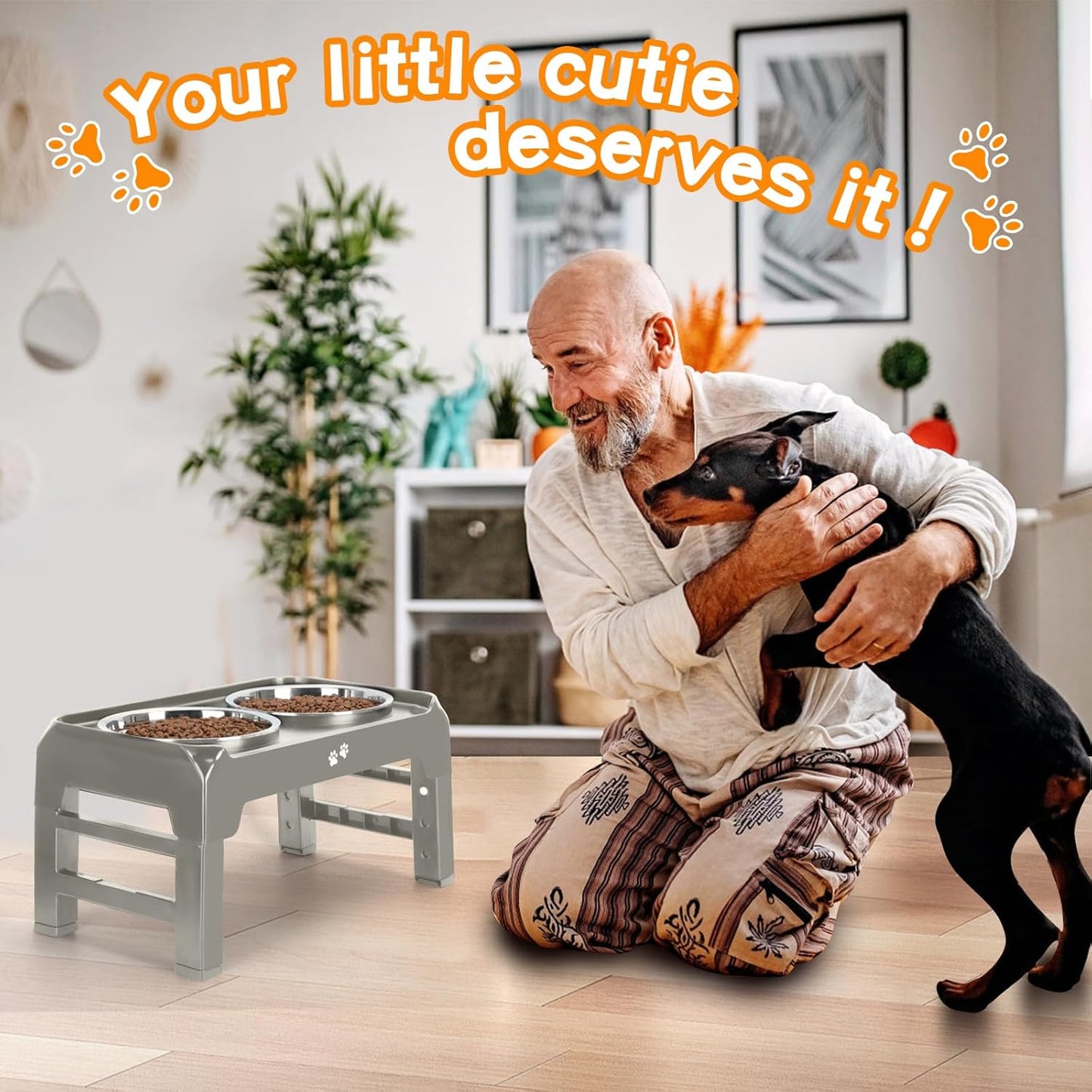 COMESOON Elevated Dog Bowls, 4 Height Adjustable Raised Bowl Stand with 2 Thick 50oz Stainless Steel Food Bowls Non-Slip Feeder Adjusts to 3.7'', 9.2'', 10.75'', 12.36'' Black, (DB-W01)