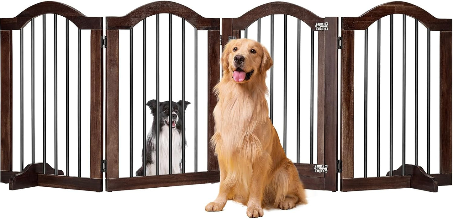 PrimeZone 144" Extra Wide Dog Gate - 36" Tall 6-Panel Solid Acacia Wooden Freestanding Puppy Gates with Door, Foldable Indoor Pet Fence for Doorways, Stairs, Support Feet Included, Brown
