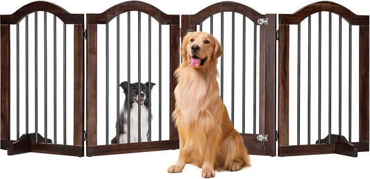 PrimeZone 144" Extra Wide Dog Gate - 36" Tall 6-Panel Solid Acacia Wooden Freestanding Puppy Gates with Door, Foldable Indoor Pet Fence for Doorways, Stairs, Support Feet Included, Brown