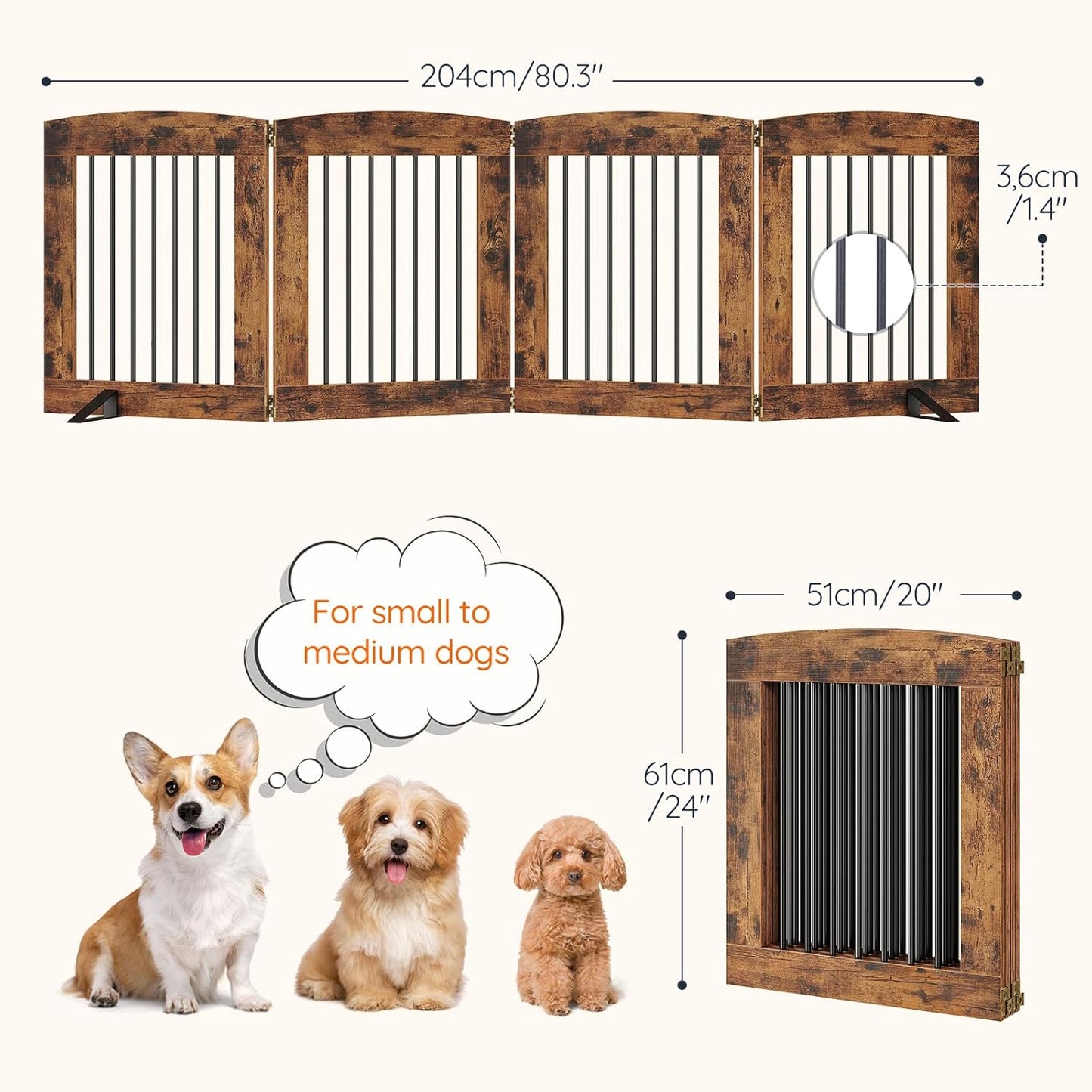 HOOBRO Indoor Dog Gate with Support Feet, Freestanding Pet Gate for Doorway, Stairs, 31.5 Inch 3 Panels, Folding Dog Fence, 360° Hinge for Easy Access, Sturdy Iron Pipe, Rustic Brown BF06PP03