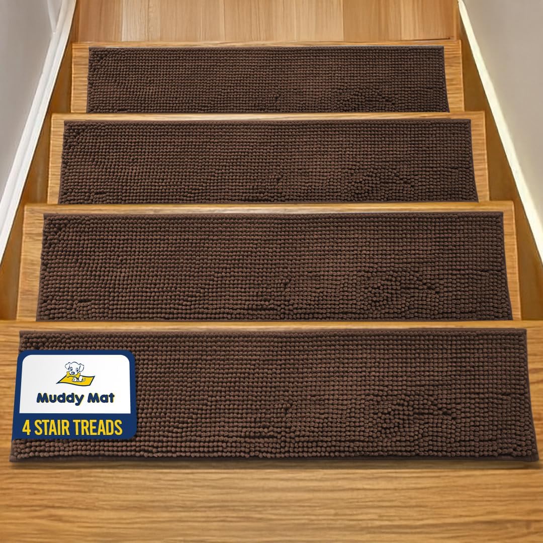 Muddy Mat® Pack of 4 - Soft Chenille Stair Treads Non-Slip Reusable, Super Absorbent Stair Treads for Wooden Steps, Tile & Marble Floor, Easy to Install & Machine Washable - Grey 30'' x 7''