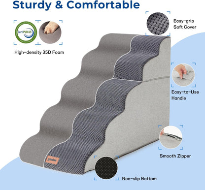 ZOMISIA Dog Stairs Ramp for High Beds Up to 25" - 5 Step Pet Stairs for Small to Large Dogs, 35D Foam Dog Steps for Couch with Non-Slip Bottom Grey