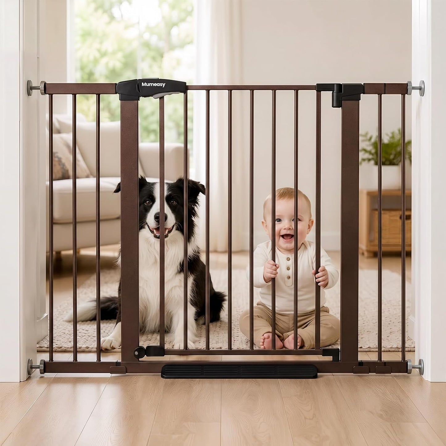 Mumeasy 29.7-46" Baby Gate for Stairs, Pressure Mounted Dog Gate for Doorways, Auto Close Walk Through Pet Gate Indoor, Extra Wide Metal Child Safety Gate, Mom's Choice Awards Winner, Black