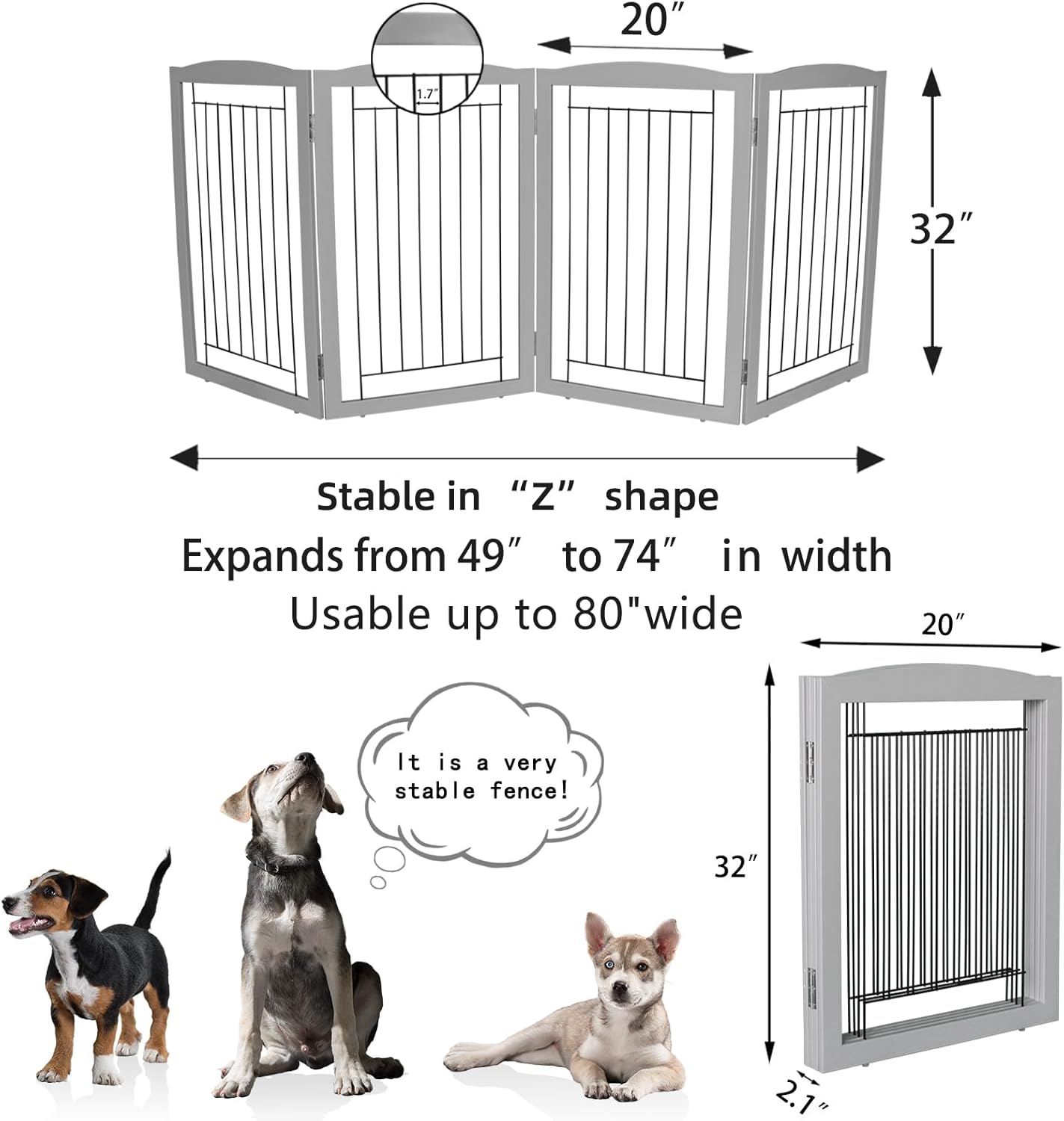 ZJSF Freestanding Foldable Dog Gate for House Extra Wide Wooden White Indoor Puppy Gate Stairs Doorways Pet Gate Tall Dog Fence 3 Panels Fence