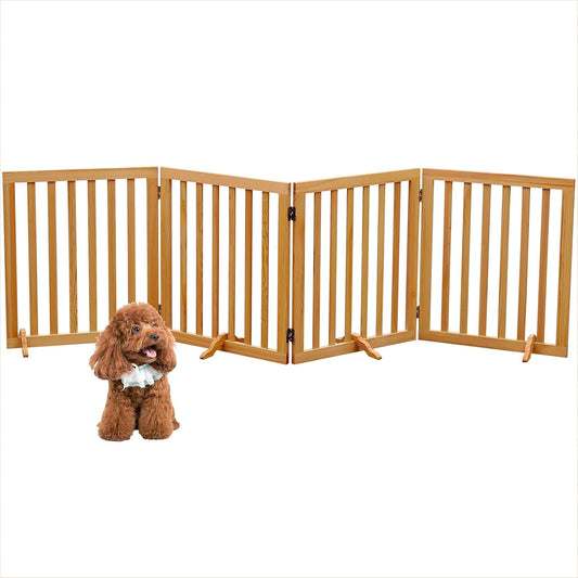 Wooden Foldable Dog Gate Freestanding 4 Panels Puppy Safety Fence 80.9" W x 23.6" H Indoor Pet Barrier for Stairs Hallways Doorways Brown