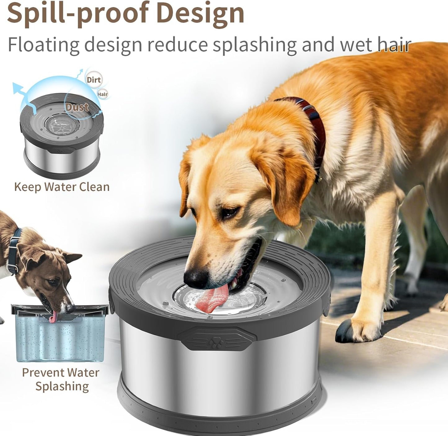 6.5L Dog Water Bowl No Spill 1.6 Gallon Stainless Steel Water Bowl for Dogs 220oz Large Capacity No Splash Slow Drinking Feeder with Anti-Slip Mat for Messy Drinkers 6.5L+2 Filters