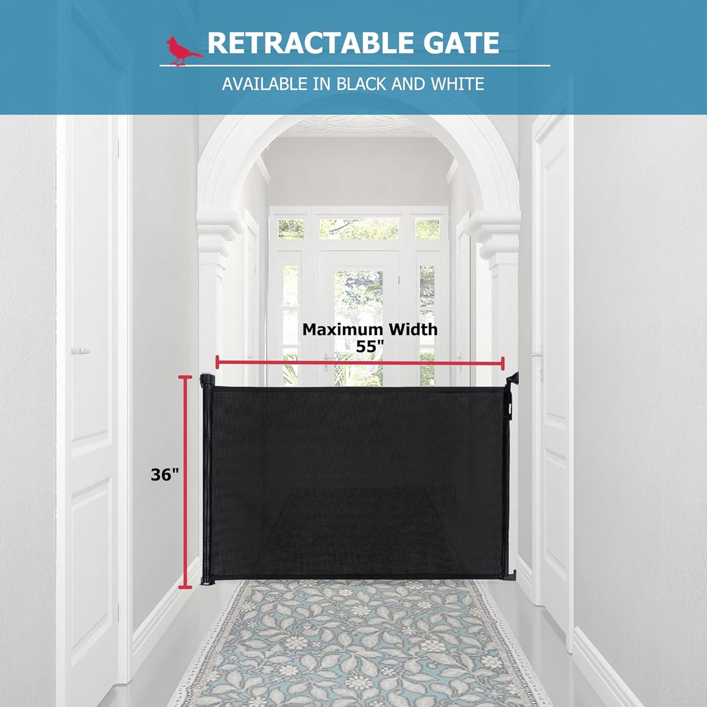 Cardinal Gates RETG Retractable Baby Gate - Mesh Retractable Dog Gate - Extends Up to 55 Inches Wide - 36 Inches Tall - Black