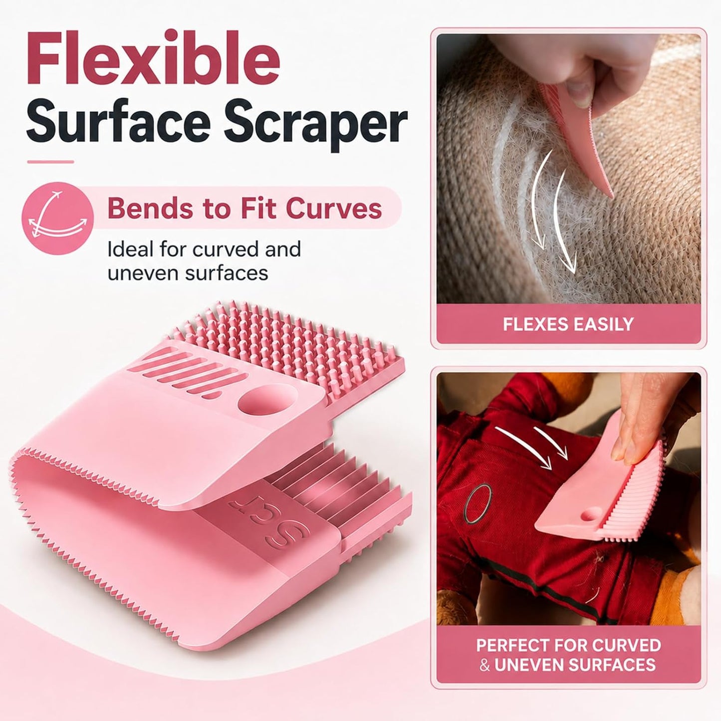 Self-Cleaning Cat Shedding Grooming Brush for Small Dog Pet Short Hair Remover Set Reusable Lint Removal Tool Carpet Scraper for Clothes Couch Bedding Furniture Car Pink