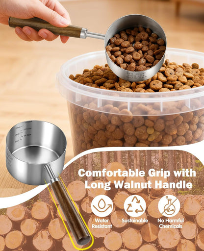 Stainless Steel Dog Food Scoop 1 Cup, Dog Food Measuring Cup With Measuring Lines (Cup/ML) & Long Wooden Handle, Metal Pet Food Scoop For Dogs, Cats and Kitchen Use, Dishwasher Safe