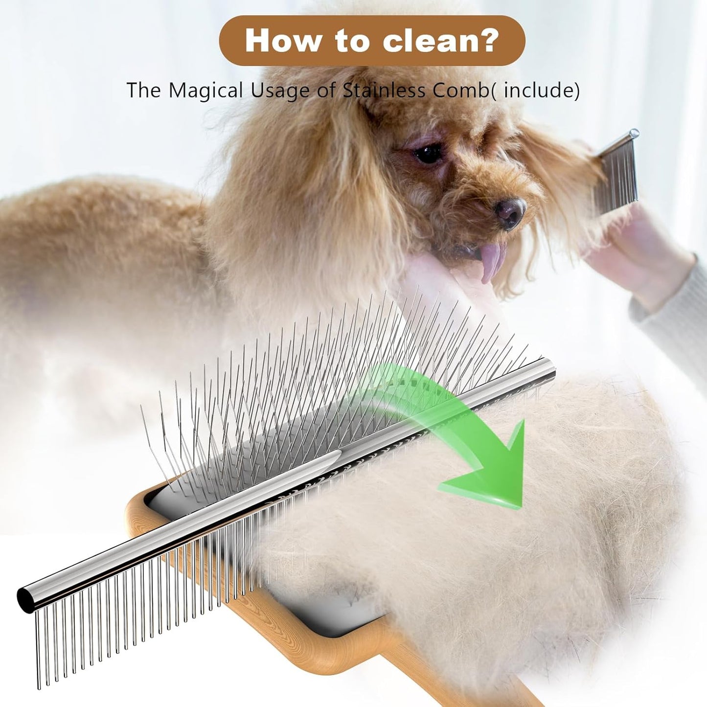 Dog Slicker Brush for Large Dogs, Professional Doodles Brush for Poodles, Goldendoodles and Labradoodles - Easy to Remove Tangles, Mats and Fluff - 3.8"x3.2" Head, 8" Wood Body