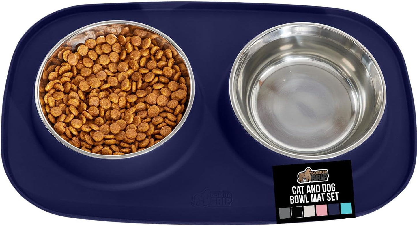 GORILLA GRIP Feeding Mat Set, Patent Pending 100% Waterproof BPA Free Silicone, Stainless Steel Cat and Dog Bowls, Slip Resistant, 1 Black mat/tray with 2 stainless steel bowls