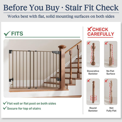 Cumbor 29.2–43" Baby Gate for Stairs, Hardware Mounted (Drill Required), Expandable No Bottom Bar Dog Gate, Auto Close Extra Wide Walk Thru, Pet & Toddler Proof Gate, Top & Bottom of Stairways(Black)