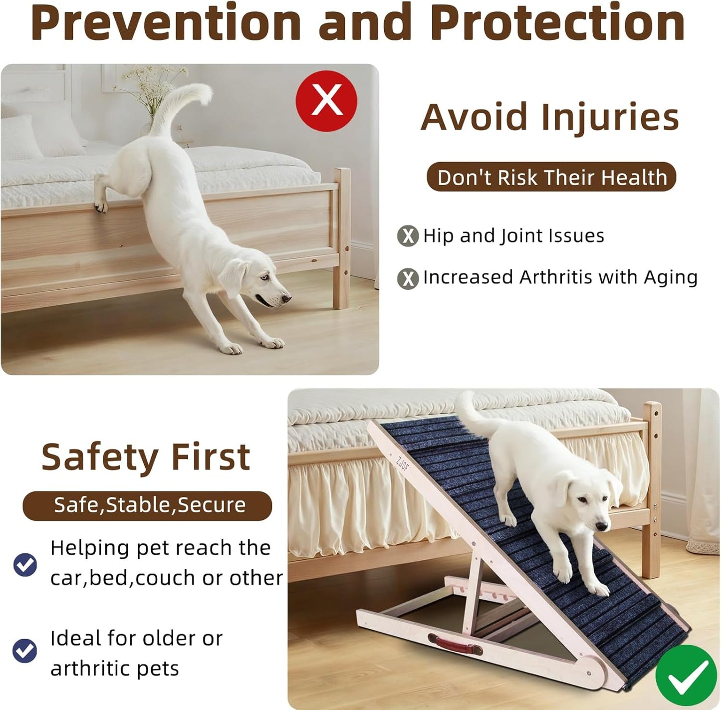 ZJSF Foldable Dog Ramp for High Bed, Wooden Dog Stairs to Bed for Small and Large Dogs, High Traction Platform with 6 Adjustable Heights (12.2"-26"), 39.7", Supports up to 230 lbs