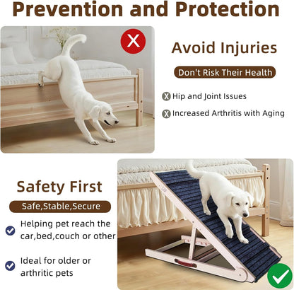 ZJSF Foldable Dog Ramp for High Bed, Wooden Dog Stairs to Bed for Small and Large Dogs, High Traction Platform with 6 Adjustable Heights (12.2"-26"), 39.7", Supports up to 230 lbs