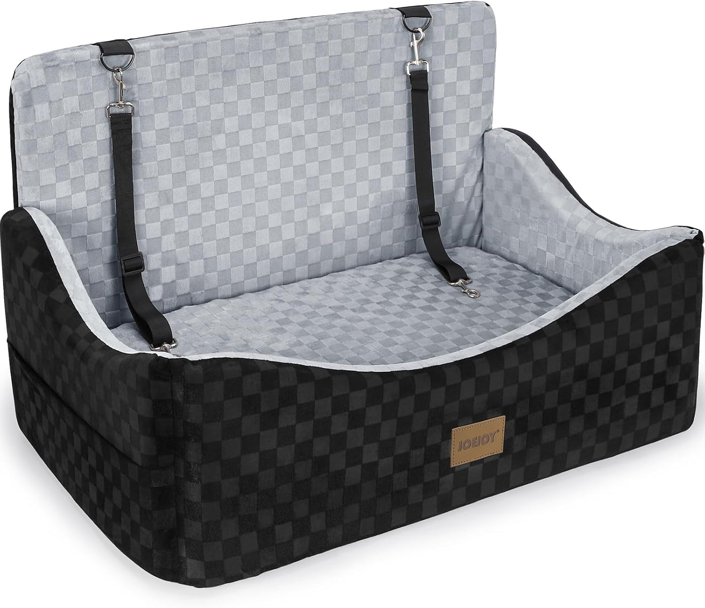 JOEJOY Elevated Dog Car Seat for Small/Medium Dogs up to 35 lbs, Memory Foam Booster Seat with Detachable Washable Cover, Travel-Safe Car Bed with Safety Belts & Storage Pockets, Grey
