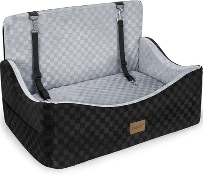 JOEJOY Elevated Dog Car Seat for Small/Medium Dogs up to 35 lbs, Memory Foam Booster Seat with Detachable Washable Cover, Travel-Safe Car Bed with Safety Belts & Storage Pockets, Grey