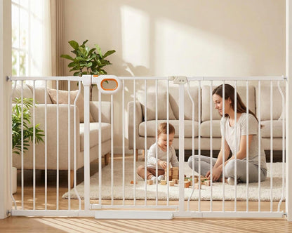 Baby Gates Extra Wide for Large Opennings with Door Pressure Mounted 90.6-95.2 Inch Extra Wide Baby Gate Dog gate for Doorways Indoor Metal Gate No Drilling with Walk-Through Door,White