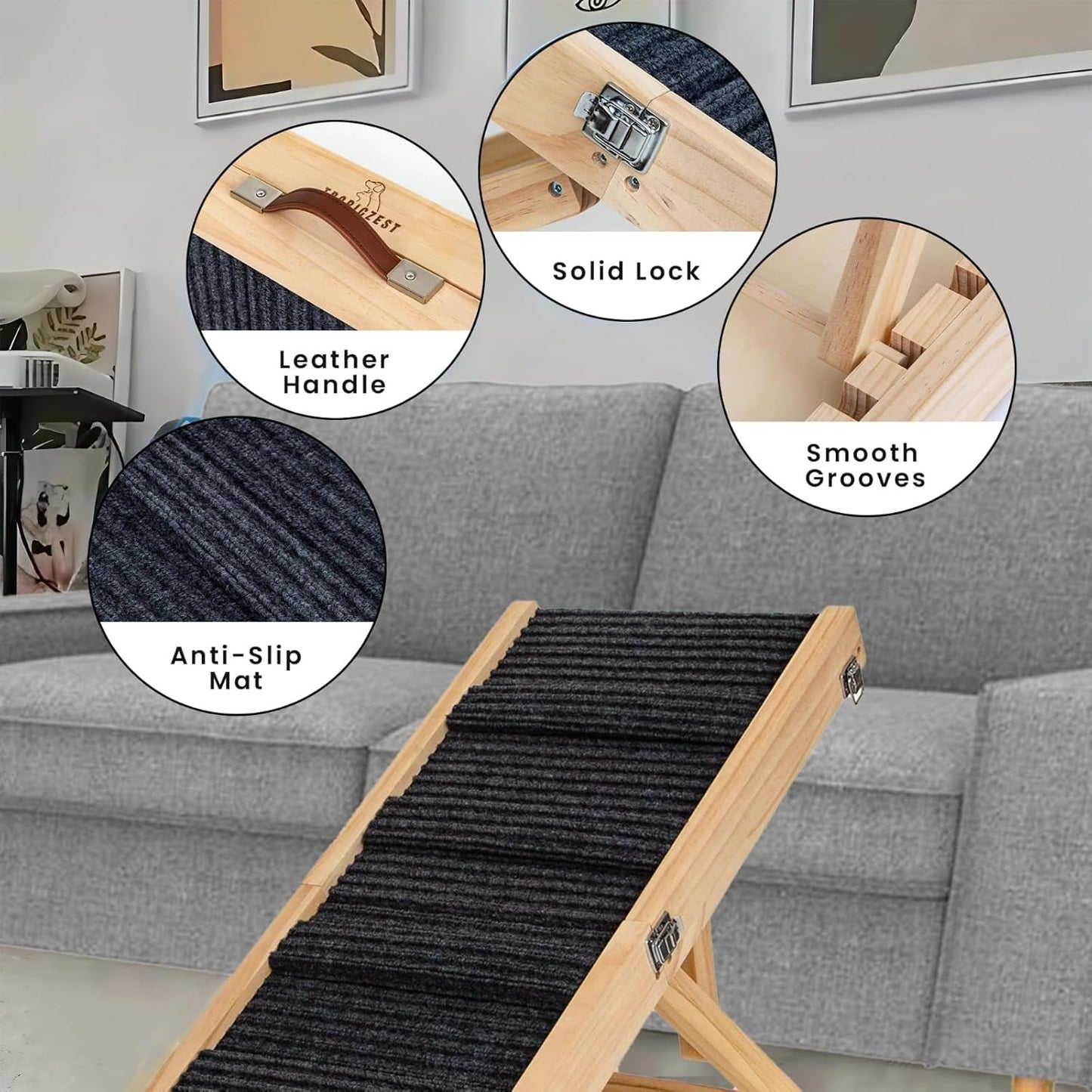 Small Dog Ramp for Bed and Couch Wooden Adjustable Pet Stairs for Dogs and Cats 31.6" Non Slip Foldable Ramp with 4 Height Settings 10"-17" for Puppies,Car, SUV Indoor Outdoor Use