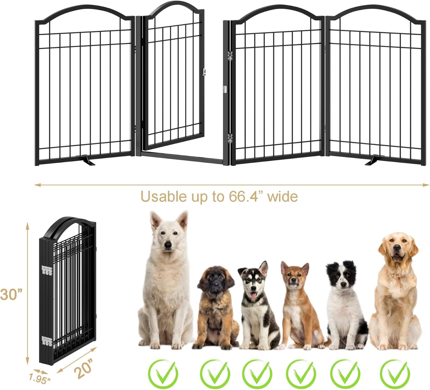 BHG Metal No-Assembly Freestanding Dog Gate with Door Walk Through, Extra Wide 144", Extra Tall 32" Pet Gate, Accordion Puppy Folding Playpen Dog Fence, with 2PCS Support (Black, 6 panesl)