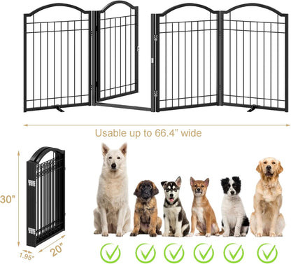 BHG Metal No-Assembly Freestanding Dog Gate with Door Walk Through, Extra Wide 144", Extra Tall 32" Pet Gate, Accordion Puppy Folding Playpen Dog Fence, with 2PCS Support (Black, 6 panesl)