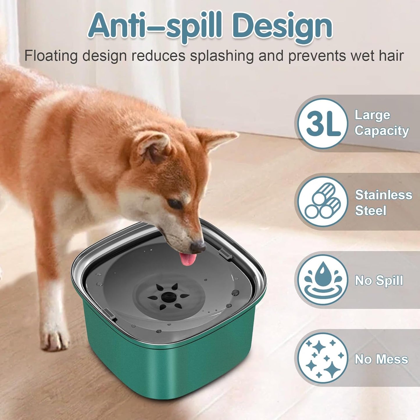 UPSKY 3L Dog Water Bowl 101oz Stainless Steel No Spill Large Capacity Dog Food Water Bowl Slow Water Feeder, Spill Proof Pet Water Dispenser Vehicle Carried Travel Water Bowl