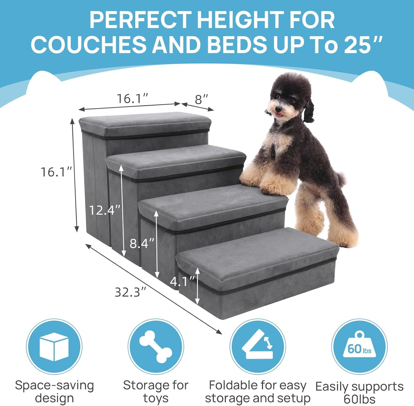 Foldable Dog Stairs/Steps 2-Tier Pet Steps Storage and Adjustable Steps for Small Medium Dogs Pet Steps Storage Stepper for High Beds Sofa Pet Dog Cat